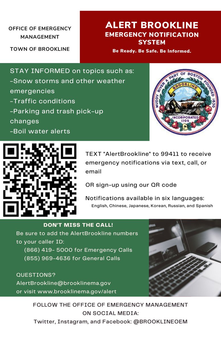 Be sure to text "AlertBrookline" to 99411 to join our Emergency Notification System!
#BeSafe #BeReady #BeInformed