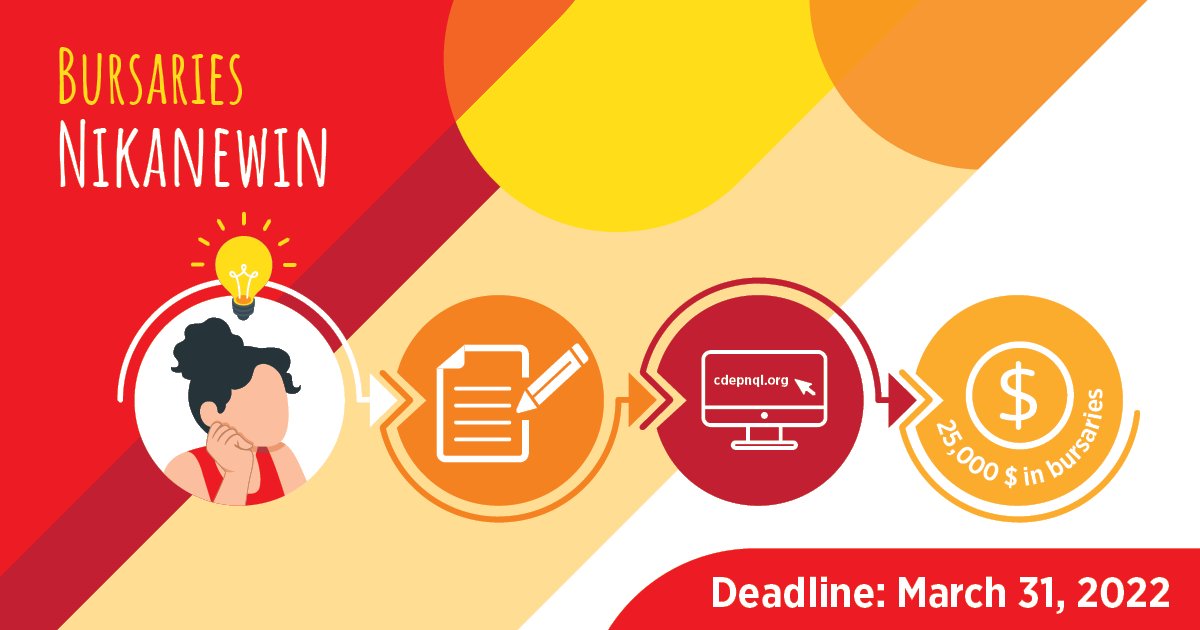CDEPNQL's tweet photo. [BURSARIES] You have a business idea? From February 1st to March 31, 2022, describe your project in writing and get a chance to win a $2,500 bursary!
Learn more: https://t.co/DOX6kFPQBq
#NikanewinBursaries #fnqledc #entrepreneurship https://t.co/fmii1CW7TU