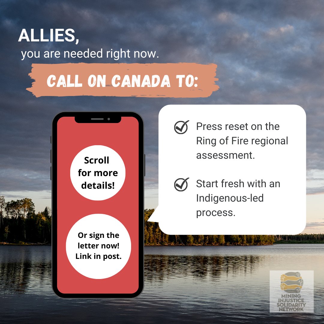 Allies, you are needed right now! Call on <a href="/s_guilbeault/">Steven Guilbeault</a>  to:
📣 Press reset on the Ring of Fire regional assessment, &amp;
📣 Start fresh with an Indigenous-led process.
Need background? Keep reading this thread.

Please SIGN &amp; SHARE! 📣📣📣attawapiskatriverprotectors.com/how-to-support…

#cdnpoli #FPIC