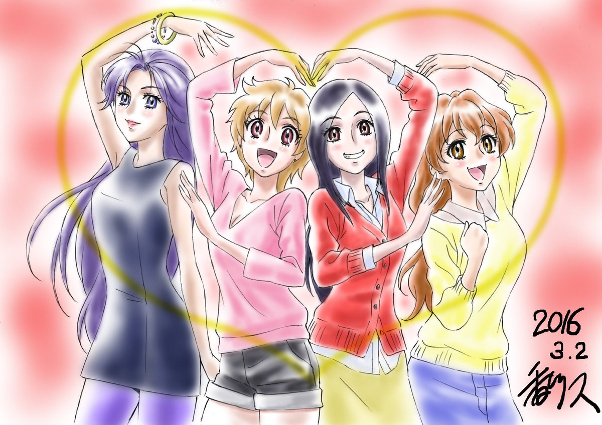 higashi setsuna ,momozono love ,yamabuki inori multiple girls 4girls long hair brown hair purple hair smile short hair  illustration images