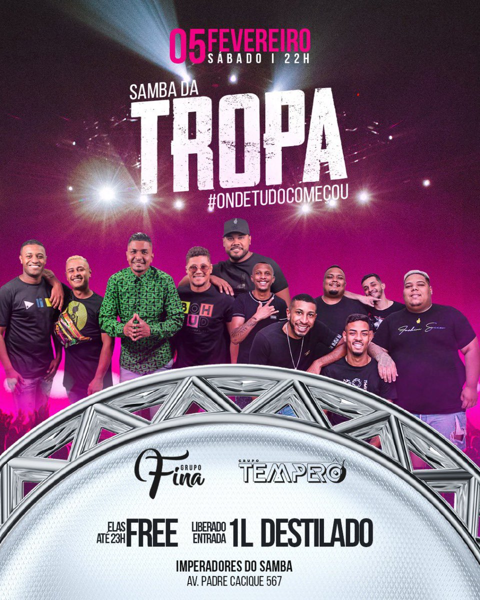troopeventos's tweet photo. ✦ SAMBA DA TROPA #ONDETUDOCOMEÇOU | ENT. LIBERADA 1L DE DESTILADO | NA IMPERADORES DO SAMBA ✦

• DIA: 05 de Fevereiro (Sábado).
• HORÁRIO: À partir das 22 horas.
• LOCAL: Na Quadra da Imperadores do Samba. (Av. Pe. Cacique, 1.567).

Eu sei que tu gosta! #Vamos https://t.co/3oqmXTwnFt