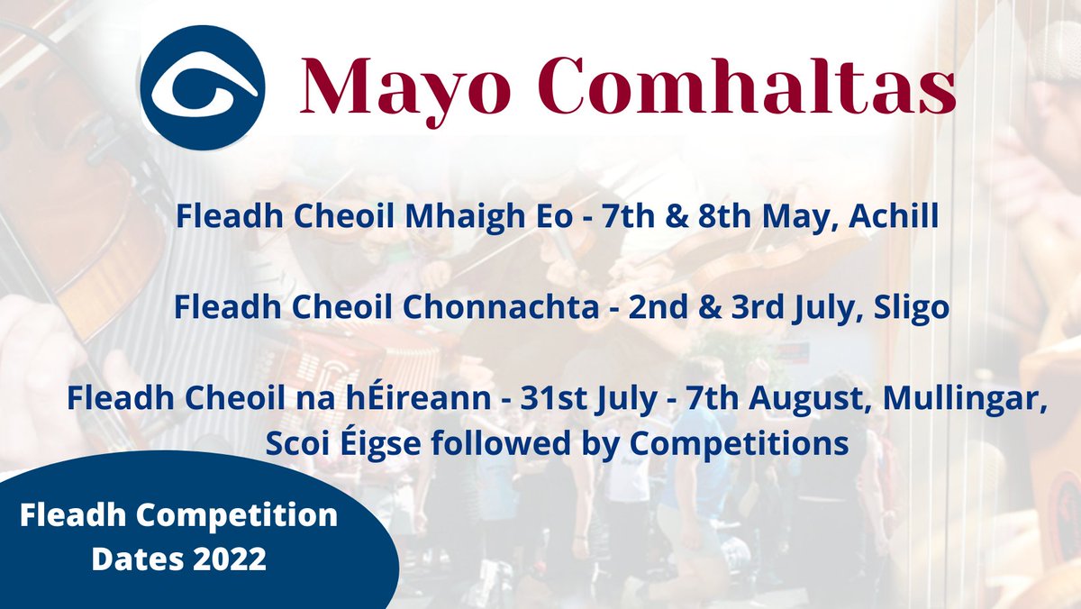 It's all systems go for the Fleadh Cheoil this year with the return of all competitions.   We very much look forward to the Mayo Fleadh in Achill, the Connacht Fleadh in Sligo and the All-Ireland Fleadh in Mullingar.  Time to get practising!🎶

#Comhaltas #FleadhCheoil