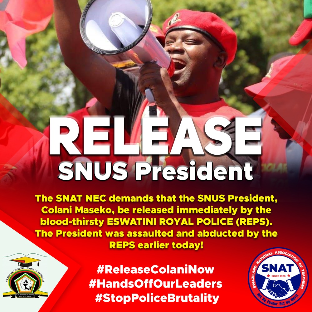 SnatSwaziland's tweet photo. The @SNUS_Swazi President @ColaniMaseko is at the Magistrate Court to be charged by the @EswatiniGovern1 with trumped-up charges as detained by the @Eswatinipolice. We call for his release. @SADC_News @_AfricanUnion @SAHRDNetwork @UNHumanRights https://t.co/9cugyEwMa6