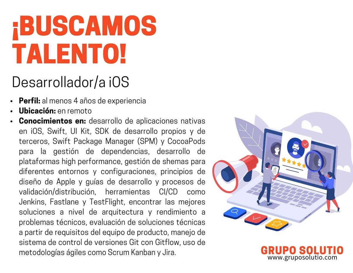 Grupo_Solutio's tweet image. Seleccionamos a un/a #DesarrolladoriOS para incorporación estable y en remoto.

➡Aplica aquí: bit.ly/3gbNtah
➡Envíanos tu CV actualizado a talento@gruposolutio.com 
 
#SolutioTalent #iOSDeveloper