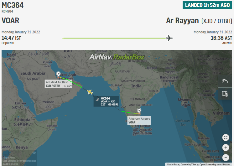 ChennaiFlights's tweet photo. .@usairforce Boeing C-17A Globemaster III ✈️ today operated between #AlRayyan 🇶🇦 & #Arakkonam 🇮🇳 air bases.
#INSRajali #VOAR #XJD #Aviation https://t.co/HqtrM7RDkZ