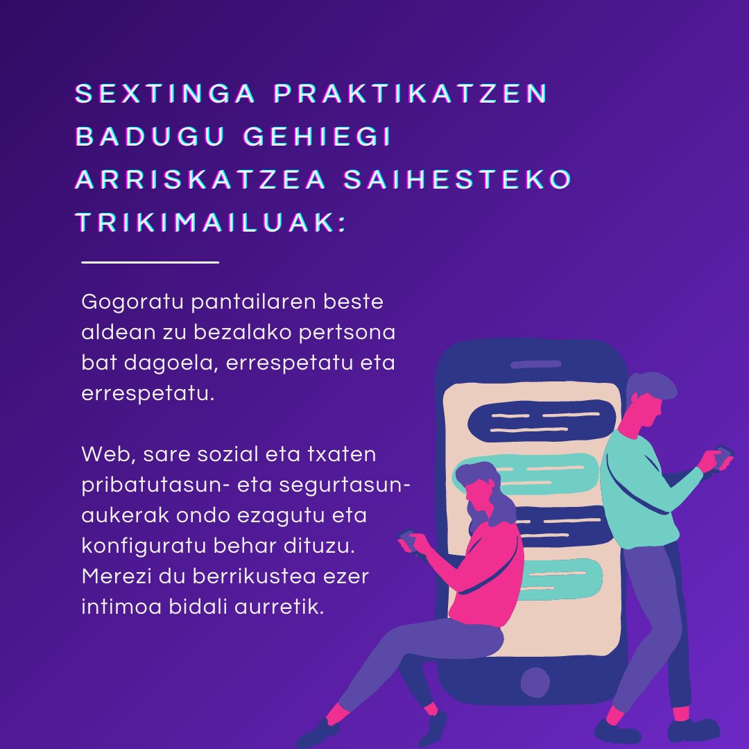 comiantisida's tweet image. (EUS/CAST) 2/2

TIPS Para evitar exponernos de más si 
practicamos sexting:

Sextinga praktikatzen badugu gehiegi arriskatzea 
saihesteko trikimailuak:
