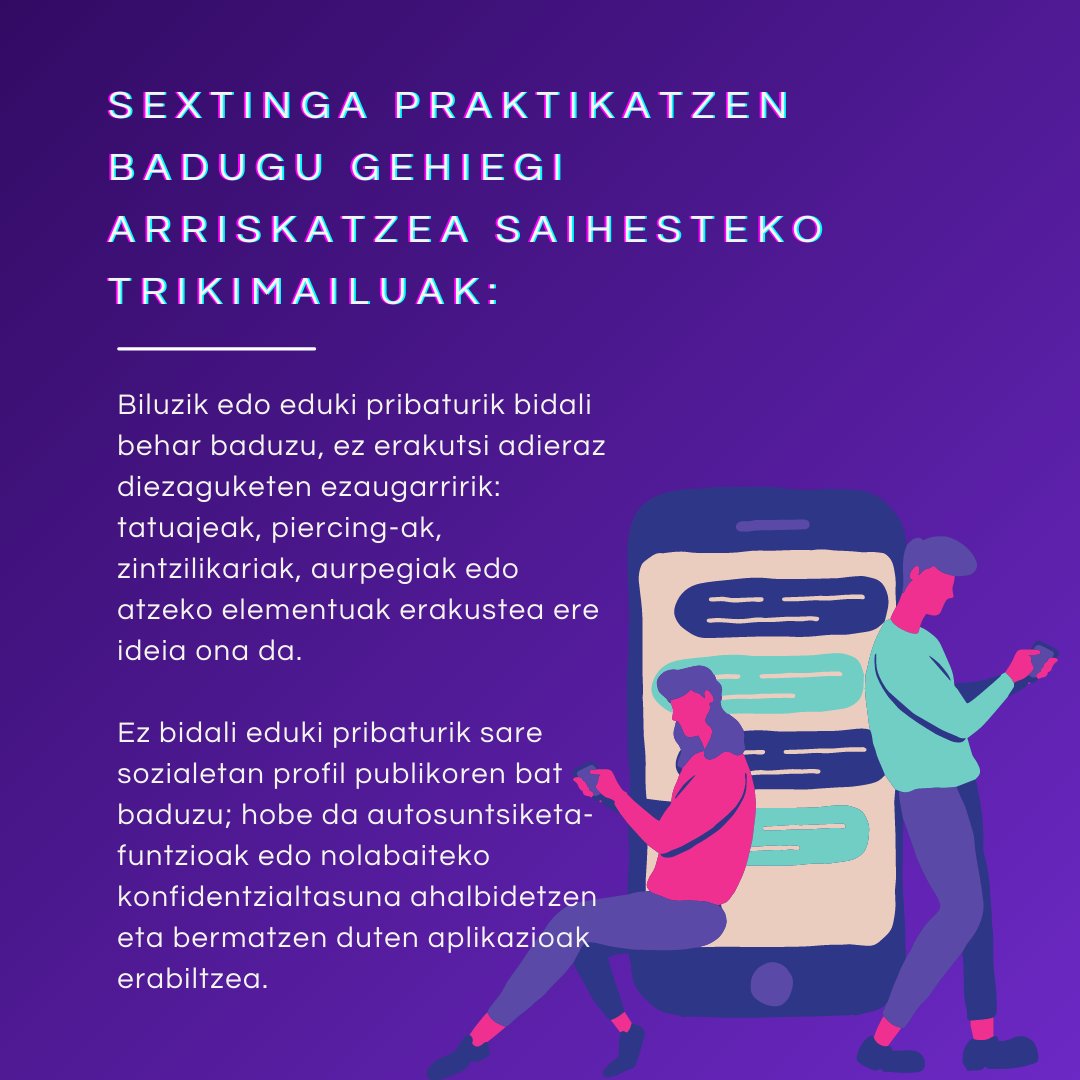 comiantisida's tweet image. (EUS/CAST) 2/2

TIPS Para evitar exponernos de más si 
practicamos sexting:

Sextinga praktikatzen badugu gehiegi arriskatzea 
saihesteko trikimailuak: