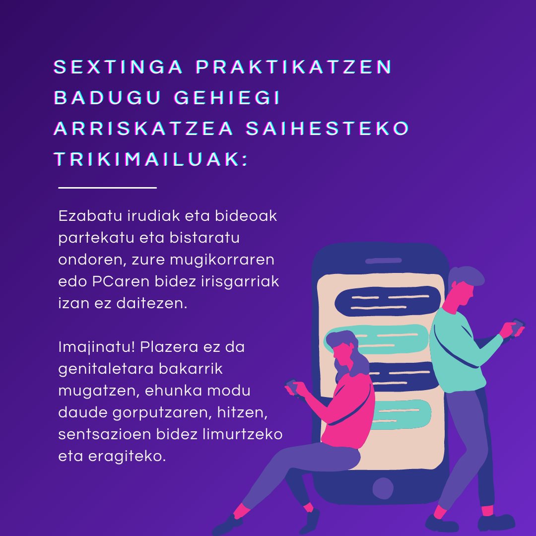 comiantisida's tweet image. (EUS/CAST) 2/2

TIPS Para evitar exponernos de más si 
practicamos sexting:

Sextinga praktikatzen badugu gehiegi arriskatzea 
saihesteko trikimailuak: