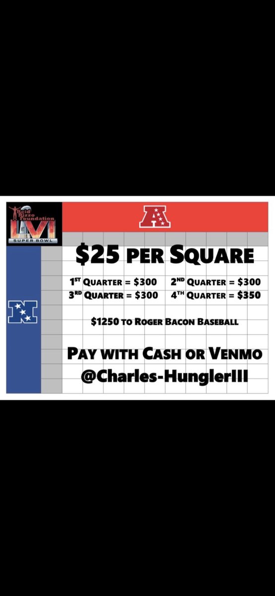 RBHS_Baseball's tweet photo. WHO DEY!!!!! The Bengals are in the Super Bowl and you can support RB Baseball at the same time! 

Buy a Super Bowl square to help raise funds for the Roger Bacon Baseball Team. 

$25 a square https://t.co/Q6pdAtkJkw