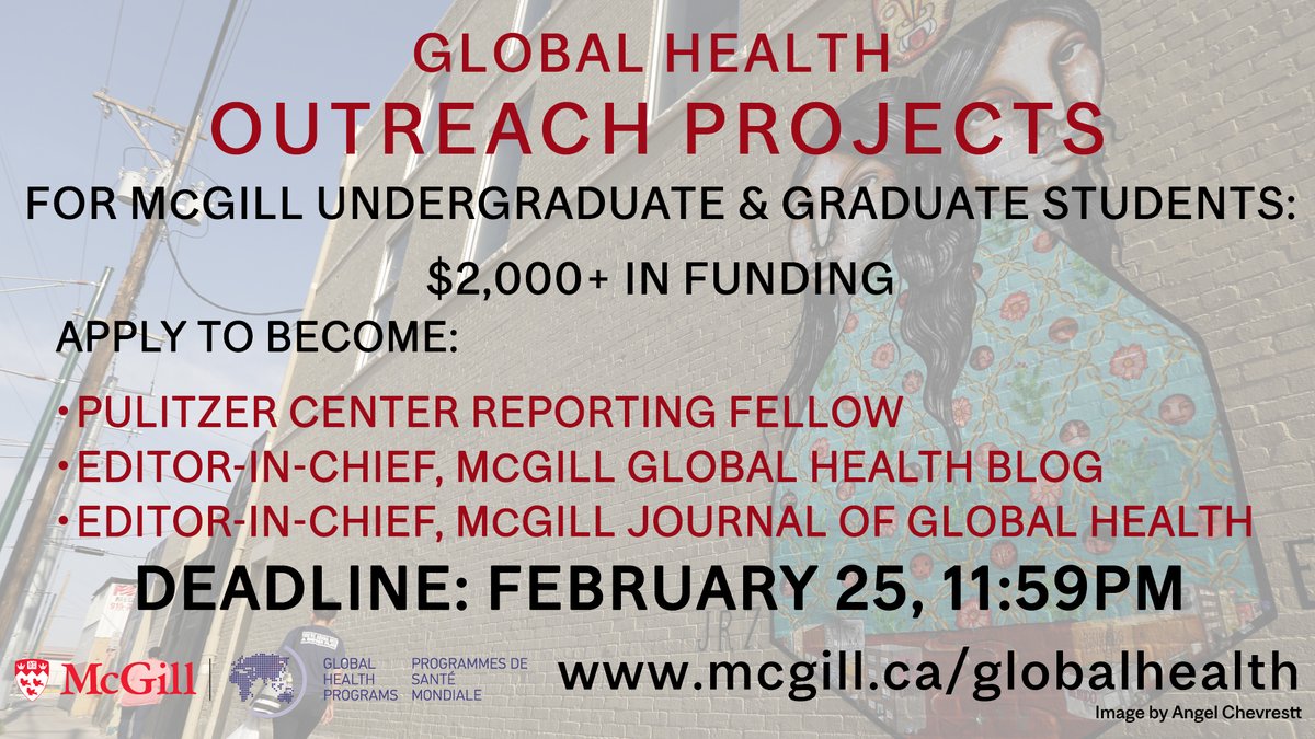 Accepting applications from all #McGill students for our Global Health Outreach projects! Get funded and become:
- <a href="/pulitzercenter/">Pulitzer Center</a> Reporting Fellow
- <a href="/GHPerspectives/">McGill Perspectives on Global Health</a> Editor-in-Chief
- <a href="/mghjournal/">McGill Journal of Global Health</a> Editor-in-Chief
Deadline: Feb 25, 2022
More info: mcgill.ca/globalhealth/f…