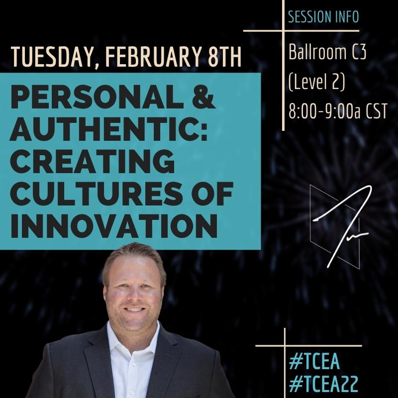 Heading to <a href="/TCEA/">TCEA</a> next week in Dallas? Join me for "Personal &amp; Authentic: Creating Cultures of Innovation" on Tuesday, February 8th from 8-9a CST in Ballroom C3! Hope to see you there!!
#TCEA #TCEA22 #AuthenticEDU