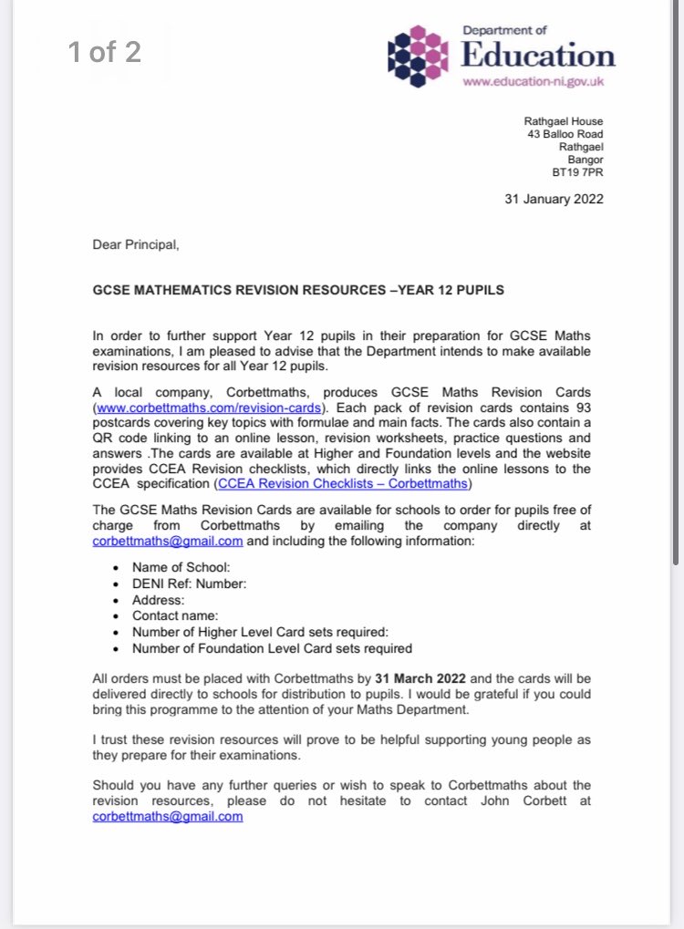 robbeorn's tweet photo. The department of #education has written to principals offering free revision aids for #GCSE #Maths 
It is one of the few subjects in 2022 without changes to assessment to take account of disruption pupils have faced. https://t.co/dlsWEAPVuj