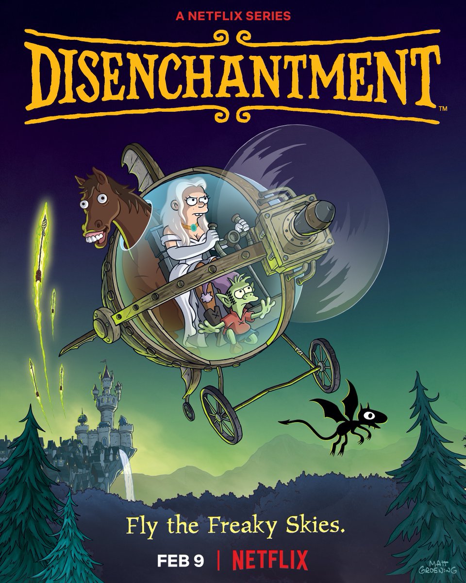 disenchantment's tweet photo. Flying... high. Disenchantment returns February 9. https://t.co/KSOnaDqDYE