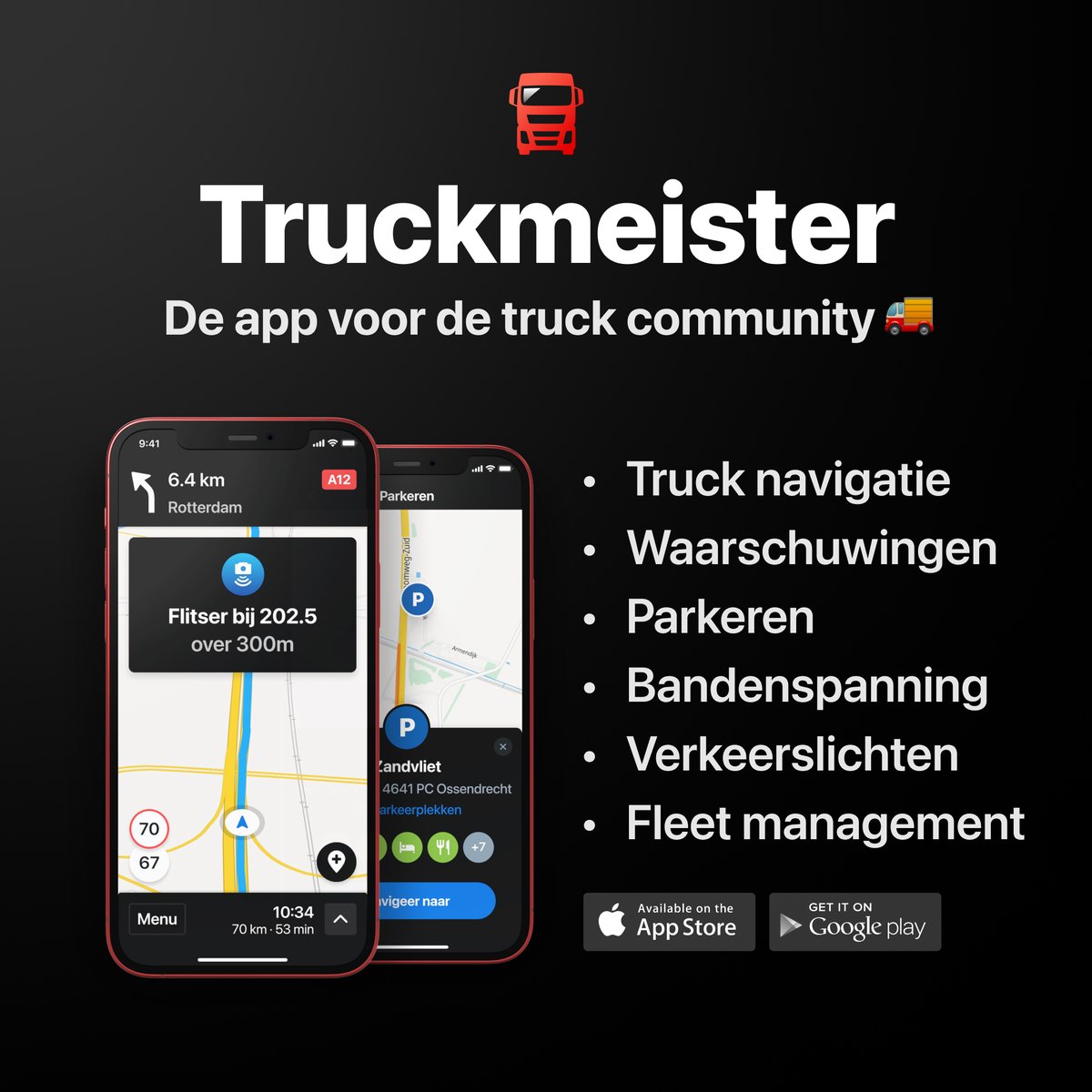 Download onze nieuwe app voor vrachtwagenchauffeurs, genaamd Truckmeister! Deze app doet wat je gewend bent van Flitsmeister maar heeft handige features speciaal voor vrachtwagenchauffeurs. 👉 open.truckmeister.app