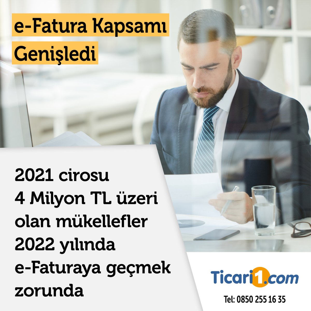 e-Fatura Kapsamı genişledi. 
- Yıllık satış hasılatı 4 Milyon TL ve üzeri olanlar,
- e-Ticaret yapanlar,
- Gayrimenkul veya taşıt alım, satım, kiralama yapanlar,
- oteller,
e-Fatura'ya geçmek zorunda.

Ticari.com 
hemen arayın:
0850 255 16 35
#efatura #ticari1