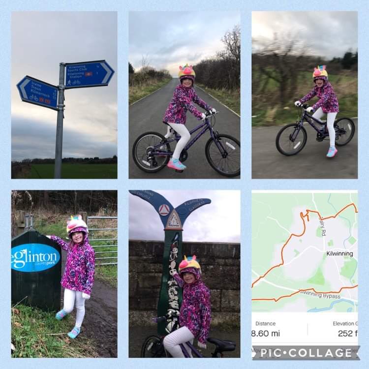 GovanKristofer's tweet photo. Erin (Primary 3/4) cycled a great 8.5 miles around the Kilwinning area while out with her mum, dad and sister. Lots of walking recently too helping push her sister’s pram to keep active.
@WhitehirstPs #activejanuary https://t.co/Km2W4Q8jx3
