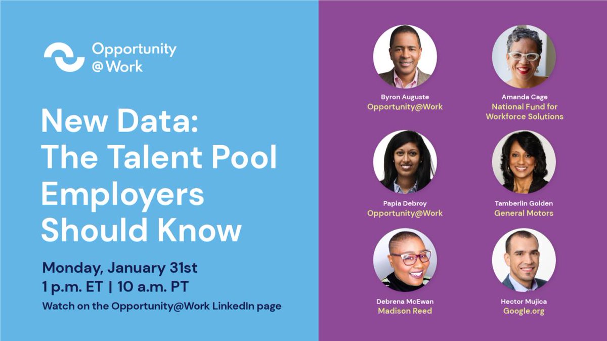 Today! RSVP & join @OpptyatWork's @byron_auguste and @DebroyPapia, @National_Fund’s @WorkforceAmanda, @GM’s Tamberlin Golden, STAR Debrena McEwen and @googleorg’s @hdmujica as they discuss new research on America's hidden talent. #HireSTARs

linkedin.com/video/event/ur…