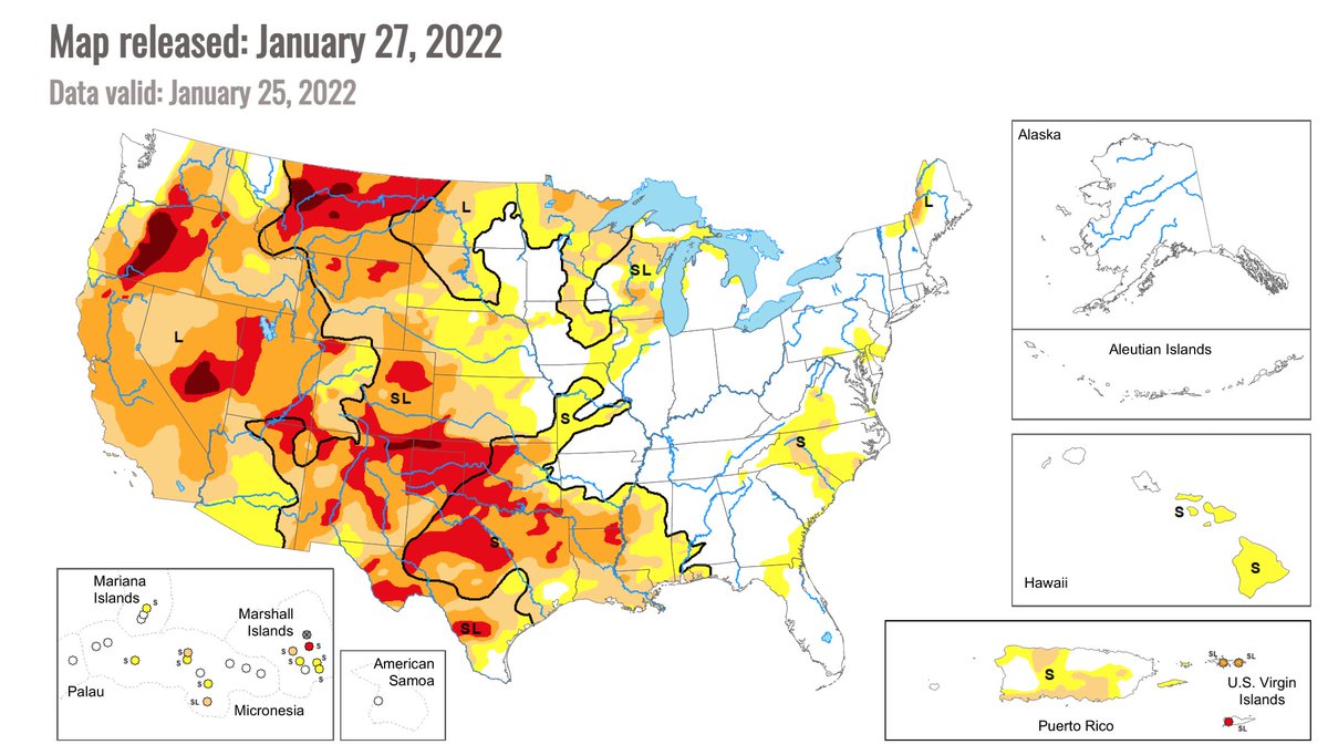 makerHilary's tweet photo. I periodically check the U.S. Drought Monitor https://t.co/OCcI9jVFEI Its easy to forget about droughts when its colder, and we got 24" of snow this weekend in Boston. But there are many places in the US that are still considered severe drought...something to muse on. https://t.co/gb354VbEoV