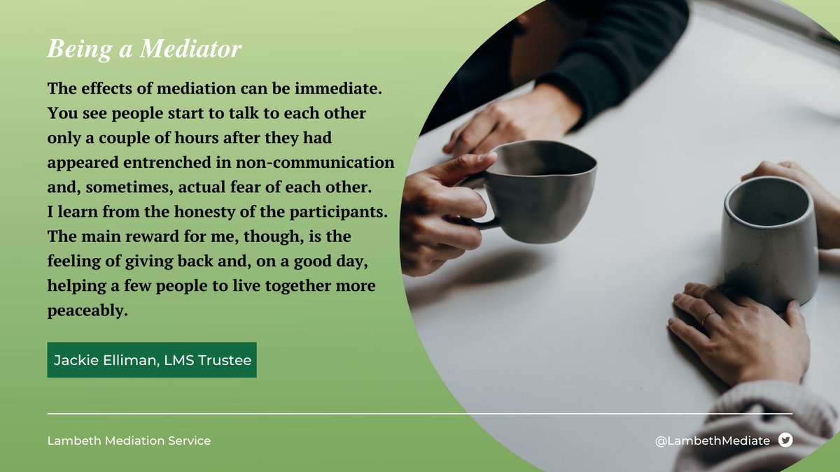 LambethMediate's tweet image. One of our Trustees, Jackie Elliman @JackiElli, shared with us her thoughts on the value of being a mediator. Jackie also works as a Legal Advisor and our full interview with her will be published on our *brand new* website very soon! 💚 #Mediation #Lambeth #SmallCharity