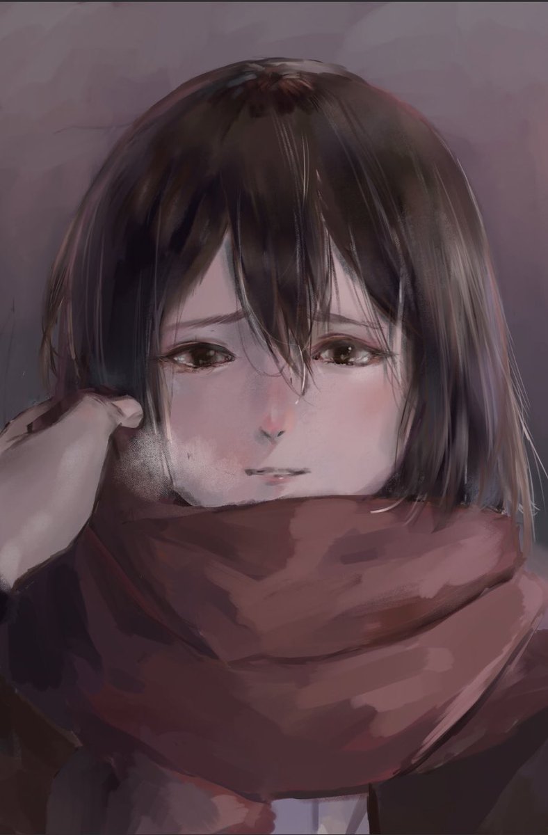 mikasa ackerman 1girl scarf red scarf hair between eyes black hair looking at viewer short hair  illustration images