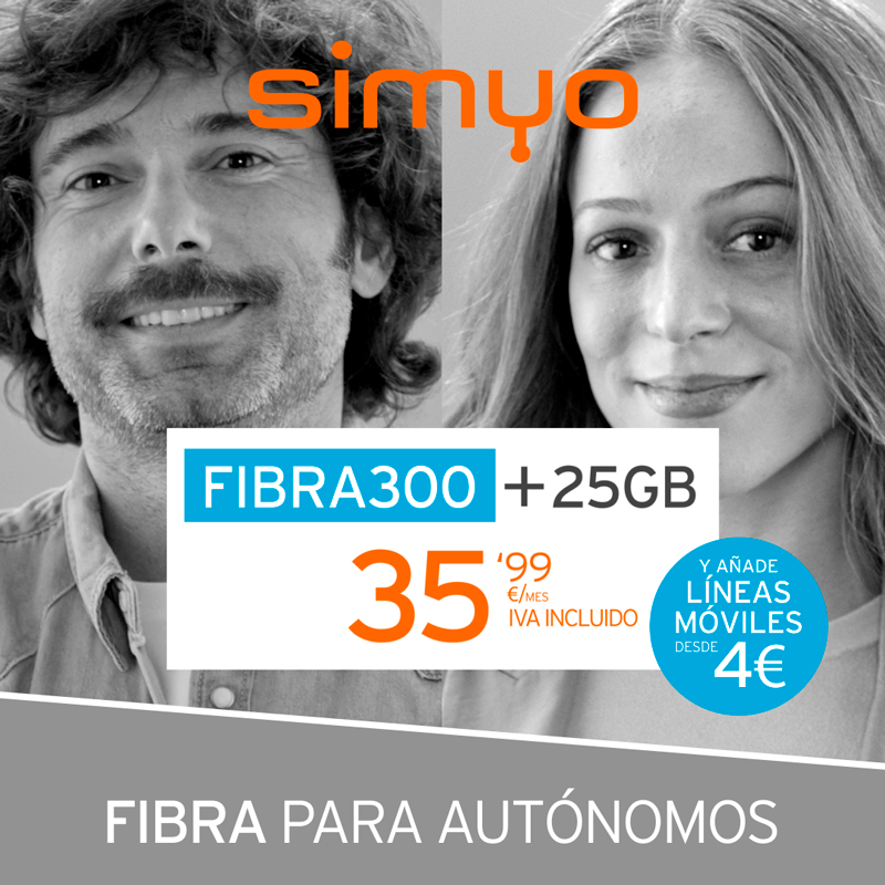 simyo_es's tweet photo. Fibra para #autónomos de @simyo_es. Fibra300 y 25GB por 35,99€/mes. Y además añade líneas adicionales, acumula los gigas que no usas y si no vas a usar tu fibra, no la pagues durante 3 meses 😉