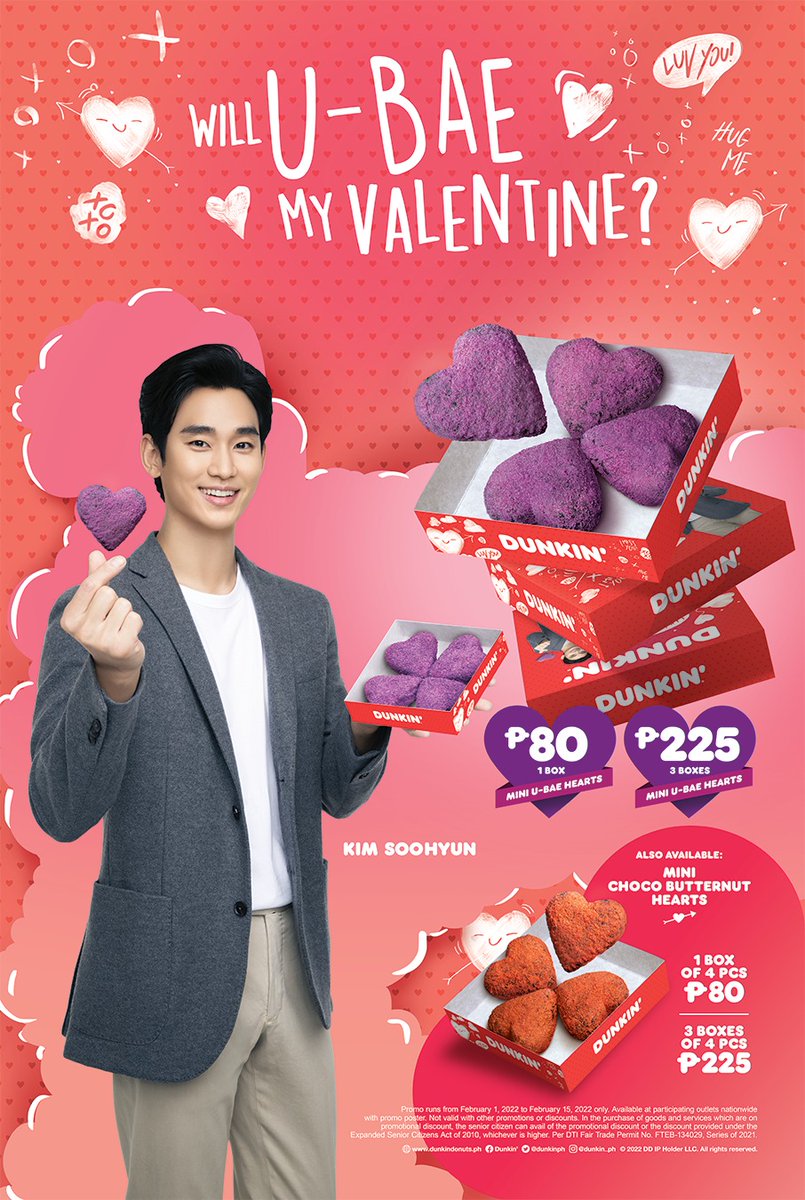 dunkinph's tweet photo. #DunkinPH welcomes Kim Soohyun with our mini Valentine Heart Donuts in purple yam and choco butternut flavors! #DunkinPHHeartsKimSoohyun 💜 https://t.co/EAxr0WEr3J