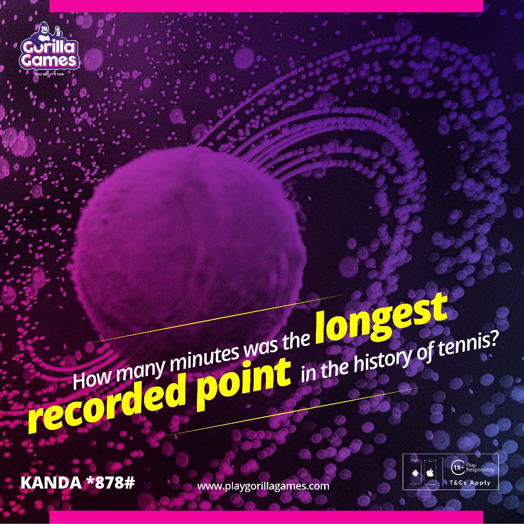 GorillaGamesRw's tweet photo. #GorillaQuiz
How many minutes was the longest recorded point in the history of tennis?
#GorillaGames
#GGForEntertainment
#FunGames https://t.co/R6wsNDksJW