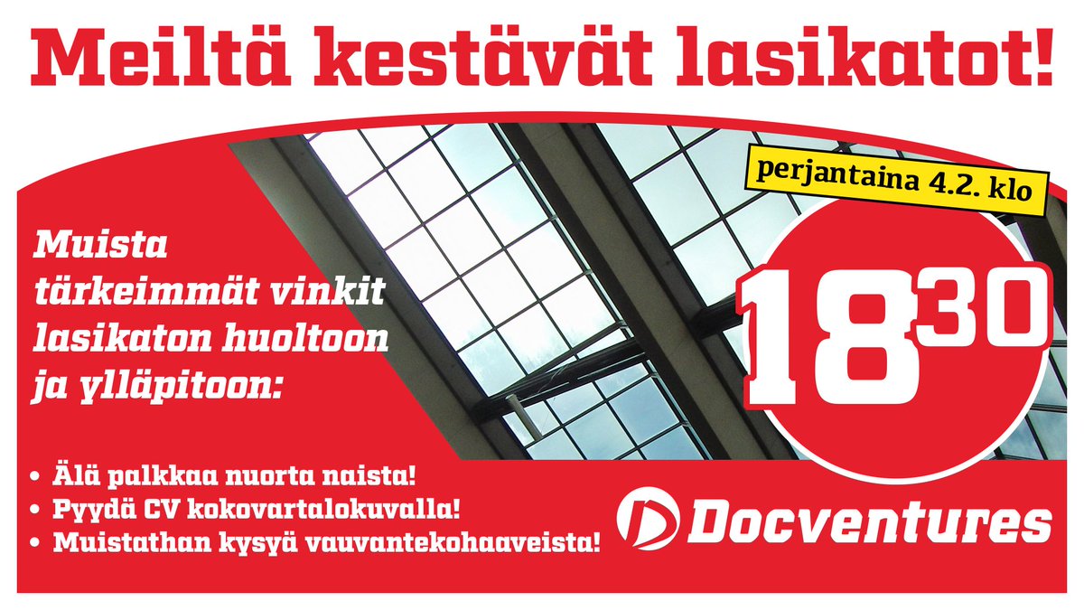 Lisää vinkkejä lasikaton ylläpitoon otetaan vastaan! Pe 4.2. klo 18:30 #docventures-klitsussa keskustelemassa revolutionista @inamikkola, Tehyn puheenjohtaja @millaryt sekä Elinkeinoelämän valtuuskunta EVAn johtaja, @emiliakullas! Tuneta ineen!