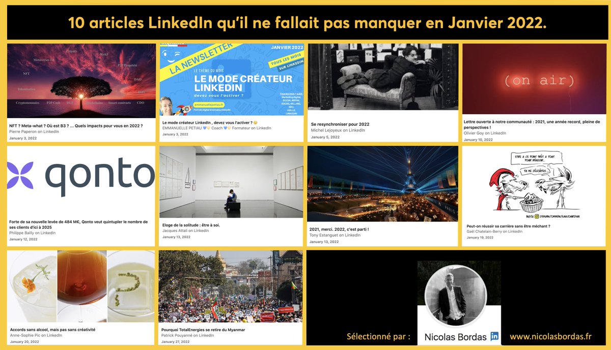 Ma sélection des 10 Articles publiés sur LinkedIn en Janvier 2022 qu'il ne fallait pas manquer: bit.ly/34iv5Ka. Merci à <a href="/Pierre_Paperon/">Pierre Paperon</a>, <a href="/Petiauemmanuell/">Emmanuelle Petiau 💙💛 ( Formation LinkedIn )</a>, <a href="/LejoyeuxM/">Michel Lejoyeux</a>, @oliviergoy, <a href="/pbailly/">philippe bailly 🇺🇦🍀</a>, <a href="/jattali/">Jacques Attali</a>, <a href="/TonyEstanguet/">Tony Estanguet - OLY</a>, @ChatelainBerry, <a href="/AnneSophiePic/">AnneSophiePic</a>, <a href="/PPouyanne/">Patrick Pouyanné</a>