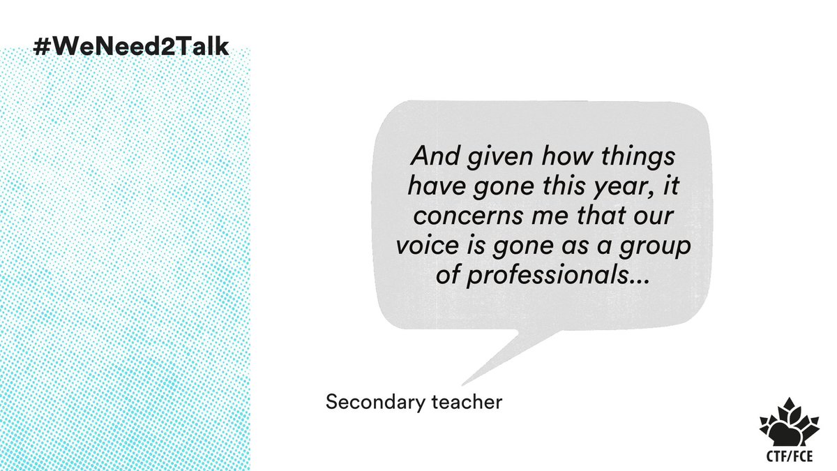 CTFFCE's tweet photo. Education workers feel they don’t have a voice & are not able to make their own decisions.
@CTFFCE's report recommends listening to ed. workers to value their experiences + expertise & to include teachers in decision-making.
Learn more👉 https://t.co/ufW9J4BFC6
#WeNeed2Talk https://t.co/S3AXlrsPmC