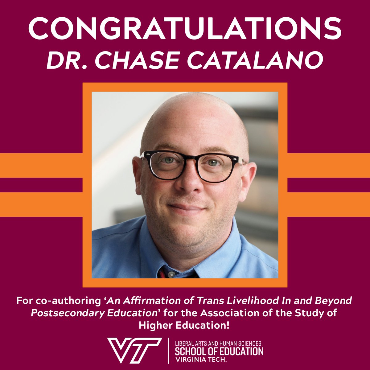 VaTechSOE's tweet photo. Congratulations to Dr. Chase Catalano for co-authoring 'An Affirmation of Trans Livelihood In and Beyond Postsecondary Education' for the Association of the Study of Higher Education!

#VirginiaTech #UtProsim #Hokies https://t.co/BogZJrDUfd
