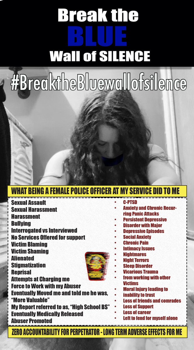LindaWa42771800's tweet photo. #BreaktheBluewallofsilence

I am an ex- Police Officer
I am a Whistle Blower
I am a Sexual Misconduct Survivor
I will not be Silenced
Join me in standing up &amp; saying ENOUGH. I will not be intimidated for reporting, as a victim of a crime, a sexual harassment by my Watchcommander https://t.co/zheLKzW90W