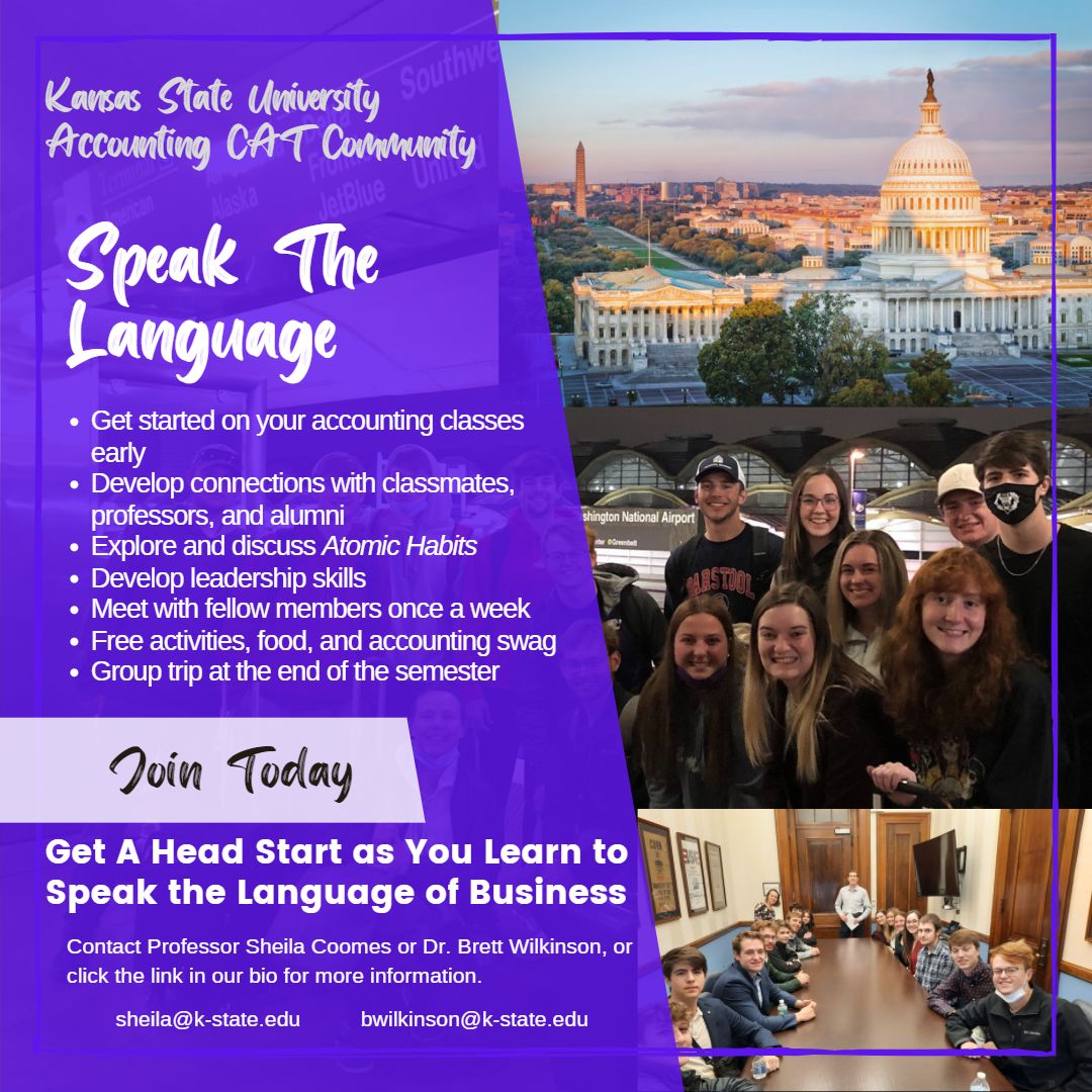 KStateAcc's tweet photo. Do you know a high school senior planning to major in Accounting? Joining one of the small group K-State Accounting CAT Communities is the perfect place to start! https://t.co/LG2aSQ0kWf