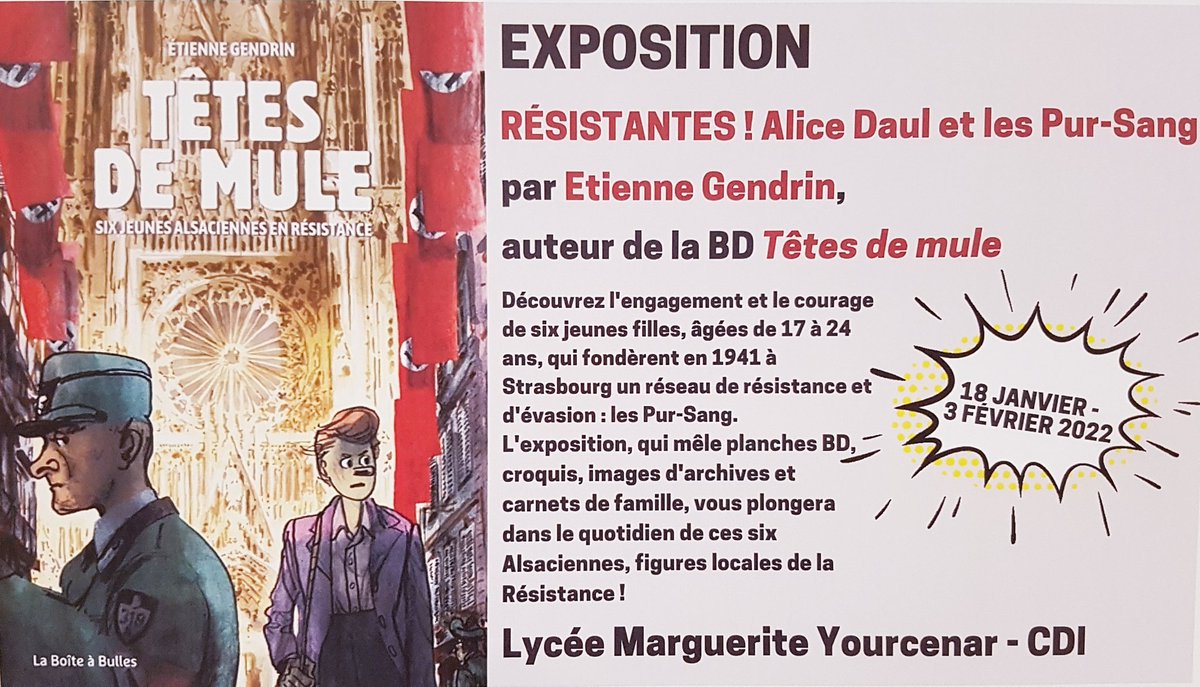 LaugelCeline's tweet photo. Rencontre au @CdiLMY avec Étienne Gendrin à l'occasion de la sortie de sa BD "Têtes de mule" :  la résistante Alice Daul raconte l'histoire de son groupe de jeunes #filles courageuses et engagées. Une façon originale de découvrir l'histoire de l'#Alsace  🙂 @DaacStrasbourg https://t.co/aR7t4NJ6Up