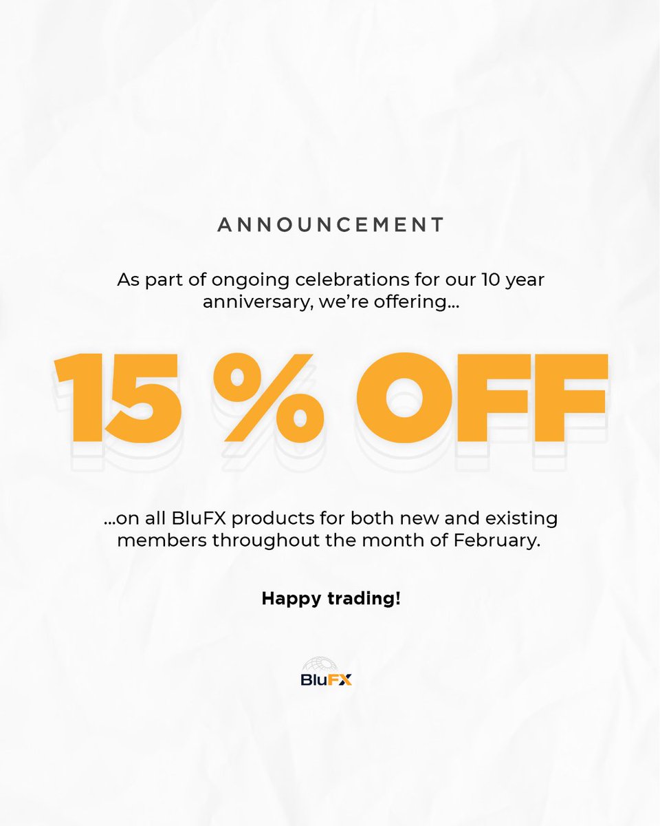BluFXWorldwide's tweet photo. As part of our 10 year anniversary...

...we're pleased to announce that all BluFX products will be discounted by 15% for the entire month of February, for both new &amp; existing BluFX traders! 🎈

If there ever was a time to join BluFX - this just might be it 😎 https://t.co/LfAIt3gDFf