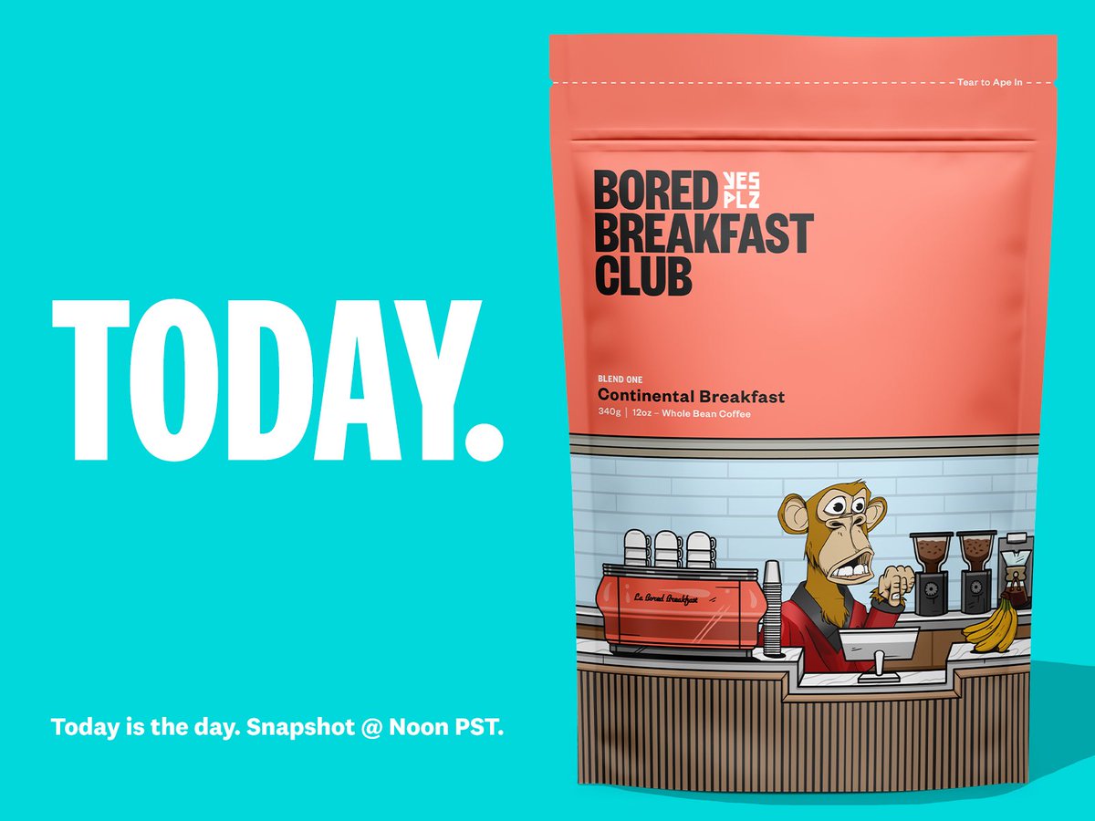BoredBreakfast's tweet photo. Today is the day. You have just under 4 hours (Noon PST) until snapshot. At which point, all holders will be made eligible to claim our first coffee shipment. #countdowntocoffee #CoffeeandNFTs 

https://t.co/eDzLs1wKWg https://t.co/tMSpzCny8f