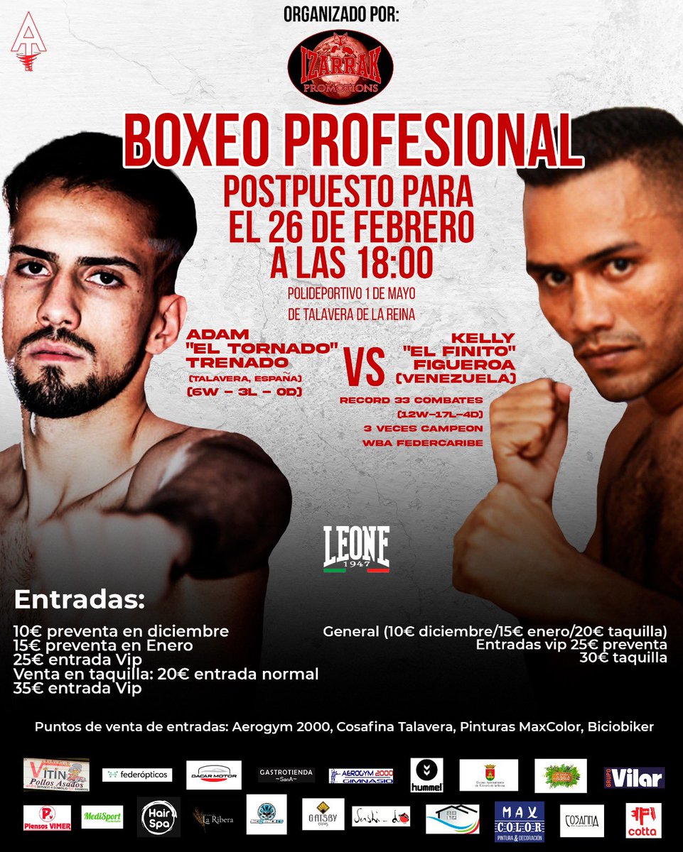 5 COMBATES PROFESIONALES 
ENTRADAS ANTICIPADAS 15€
ENTRADAS VIP 25€
Entradas en taquilla 20€/30€