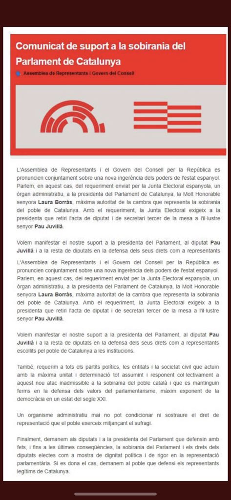 El Consell Local per la República de #Besalú dóna suport al comunicat conjunt del <a href="/ConsellxRep/">COMPTE ANTIC Consell de la República Catalana</a> i l’ <a href="/ARepresentants/">Assemblea de Representants</a> en defensa de la sobirania del <a href="/parlamentcat/">Parlament de Catalunya</a>, del diputat <a href="/pjuvilla/">Pau Juvillà Ballester</a> i de la posició de <a href="/LauraBorras/">Laura Borràs 🎗</a>, <a href="/mhp_LauraBorras/">Presidenta Laura Borràs 🎗️</a>