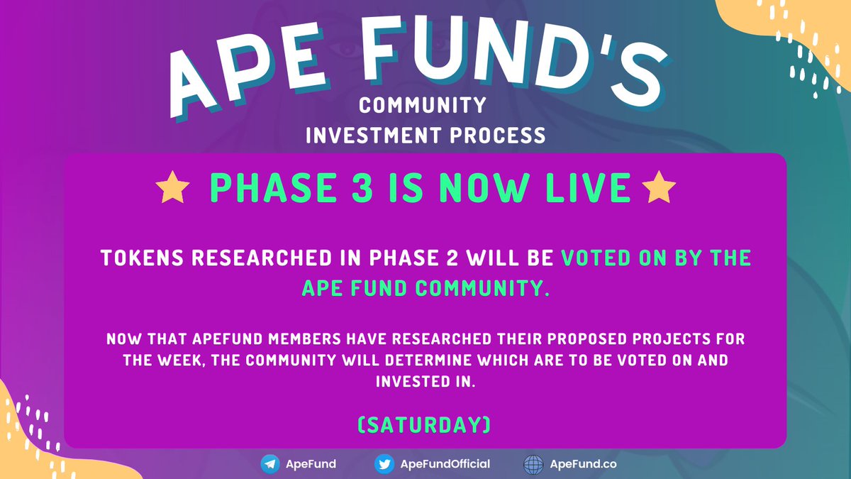 ApeFundOfficial's tweet photo. We have now entered Phase 3 of Ape Week, where we will now be voting on the projects that the community proposed and researched.

Which projects will we vote to proceed with and invest in? 

We will then be making our investments on Sunday! https://t.co/dq0XheN3hm