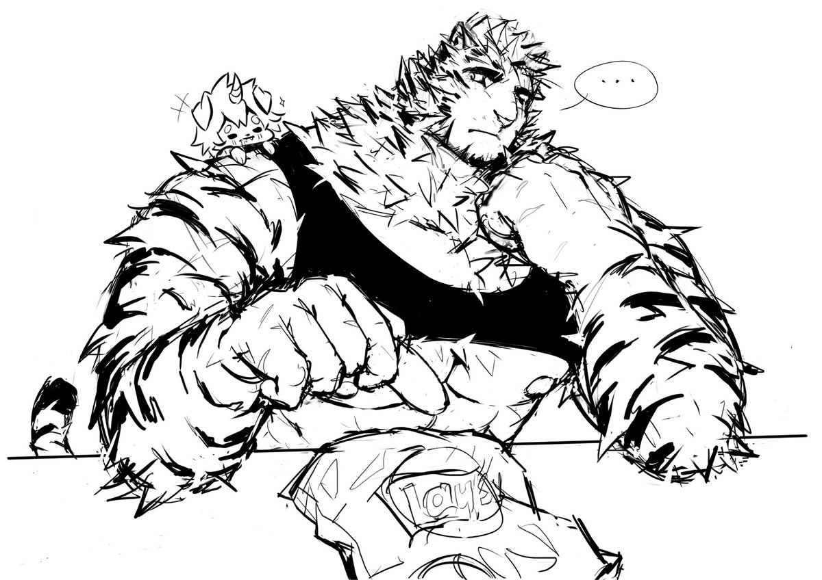 trichromachine's tweet photo. Big cat and his Lay's 🐯🥔
Happy New Year everyone! 
#mountain 
#Arknights https://t.co/W6nAn4wBoV
