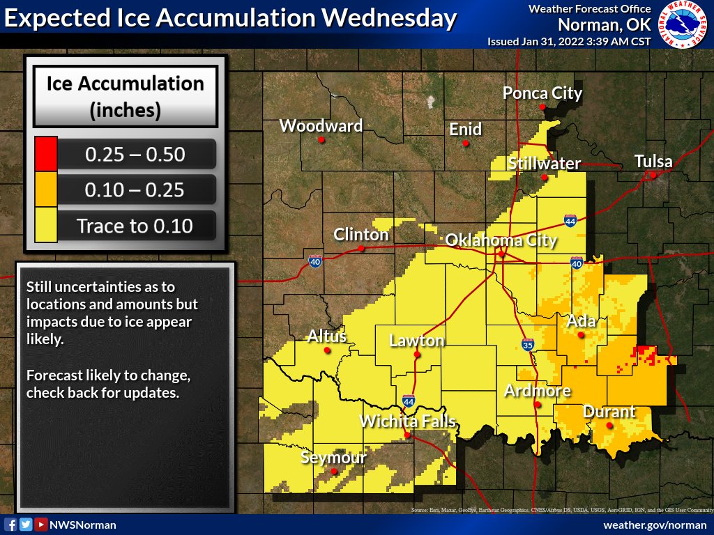 NWSNorman's tweet photo. Winter Storm Watch in effect for all of our OK and western north TX counties...
Snow and ice accumulations are expected to impact the area from Tuesday evening through Thursday. Continue to check back for future updates!
#okwx #texomawx https://t.co/JuWPUo4BZA