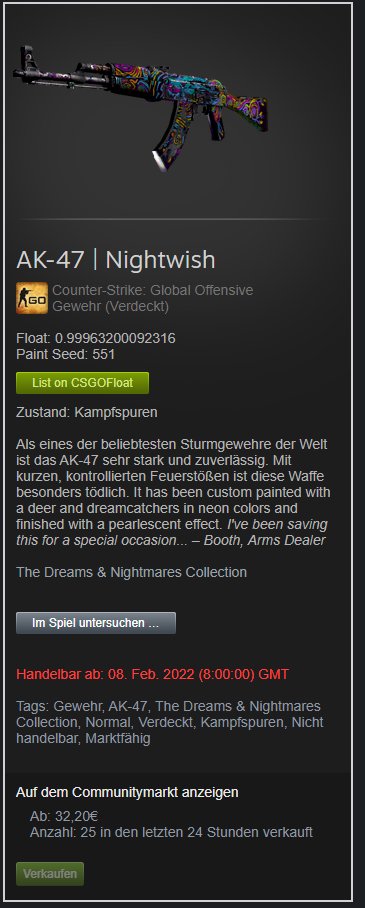 Oliverkun08's tweet photo. @ohnePixel @anomalyxd @bibanator 
 #1 High Float Ak Nightwish Got a new Owner xD https://t.co/vv0yVi8Z6V