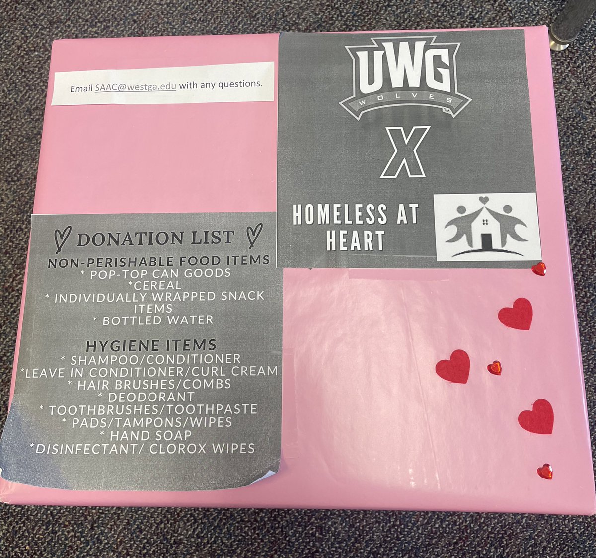 UWG_SAAC's tweet photo. Will you be @UWG_SAAC valentines? ♥️♥️♥️
Homeless @ Heart X @UnivWestGa 

40+ organizations and UWG administration are participating in the service project! 

1.) Make a Valentine’s Day card for the local homeless shelter staff in Atlanta.
2.) Make a donation! List below https://t.co/WNDNb8H5I4