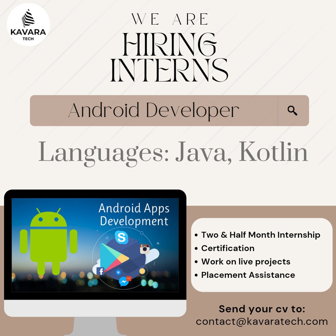 KavaraTech's tweet image. Internship In Android Development
Hurry &amp;amp; grab the opportunity to enhance your skills and experience. We are hiring the interns for Android Development. 
#internship #androiddevelopment #certificate #interns #knowledge #experience #skills #kavaratech