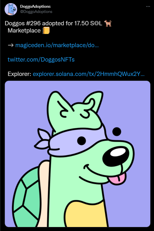 WOW! What a day this has been! 

In the last 2 hours, 16 Doggos were adopted from Magic Eden and found their new loving homes. Among these 16, 2 special Doggos recorded the highest sales of tonight

Zombie Doggo: Sold for 25 SOL
Ninja Turtle Doggo: Sold for 17.5 SOL

BORK!