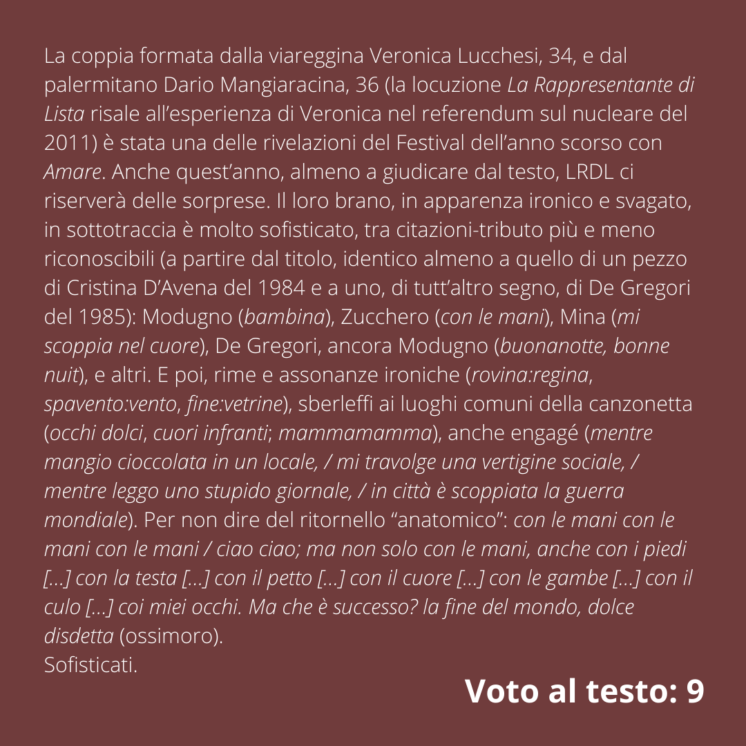 AccademiaCrusca's tweet photo. #Sanremo2022💐 Le pagelle linguistiche dell'accademico Lorenzo Coveri: un gioco per parlare di lingua in attesa di ascoltare le canzoni.

La Rappresentante di Lista: Ciao ciao
Voto al testo: 9 
@SanremoRai @LRDLofficial @mentelocale https://t.co/LfhCQXvyjx https://t.co/PEthfHxwnp