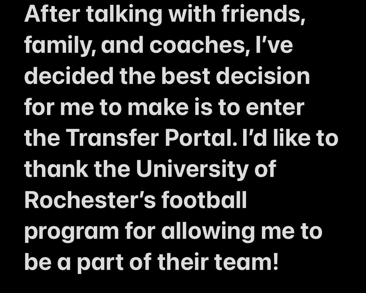 Nick_5216's tweet photo. Officially entered the Transfer Portal. Thank you to the University of Rochester for giving me the opportunity to be a part of their program! https://t.co/CbYuxIbsTn