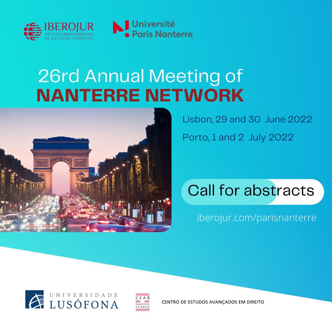 iberojur's tweet photo. 26rd Annual Meeting of Paris-Nanterre Network será organizado pelo Iberojur novamente. Trata-se de encontro marcado pela presença de coordenadores e responsáveis por tradicionais faculdades de direito europeias. 
▶️ call for abstracts: https://t.co/K0Kml2V5QY https://t.co/Ci6D4Syo3L