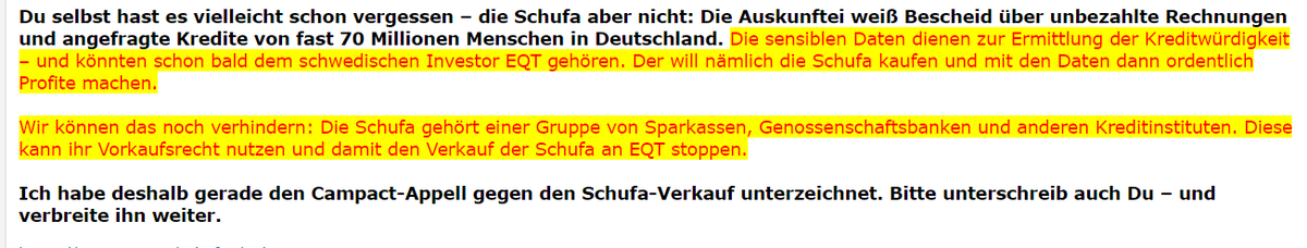 Earthfriend21's tweet photo. Ich halte den Appell von @campact für wichtig: betrifft ALLE ‼️
Ein schwedischer Investmentkonzern will die #Schufa kaufen um Rendite mit unseren privaten Finanzdaten zu machen. Noch können #Sparkasse und Co. den #Deal stoppen. Jetzt Appell unterzeichnen🔽
https://t.co/9tEm0Mts9Q https://t.co/ZIUyYTxx6A