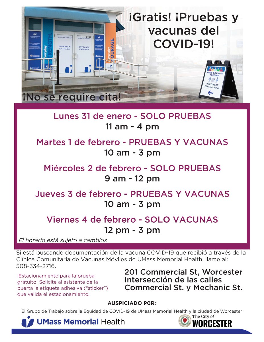 umassmemorial's tweet image. 🚨REMINDER🚨

Here's this week's COVID-19 testing and vaccine schedule at the @MercantileCtr in @TweetWorcester.

For more info, go here: bit.ly/3zAgp4D